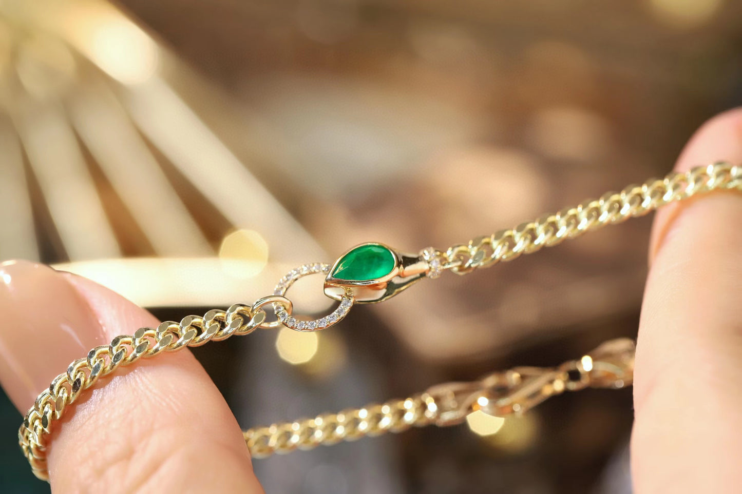 18K Solid Gold Emerald Diamond Bracelet