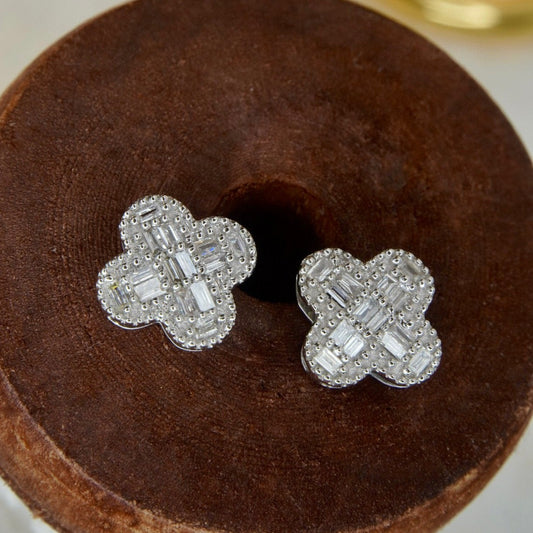 Vintage 18K Solid gold Full Diamond Clover Earrings