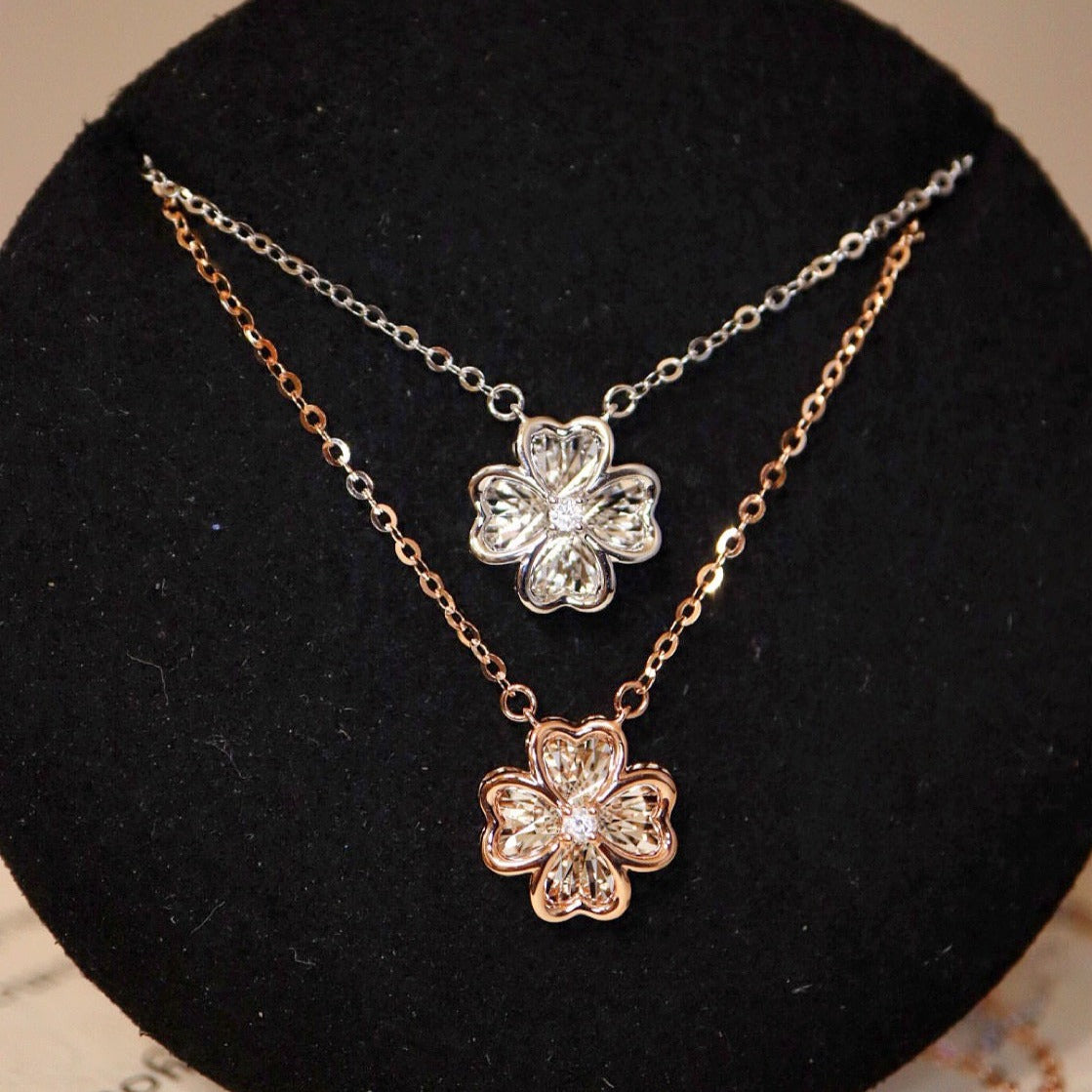 18K Solid Gold Diamond Four leaf flower Pendant Necklace