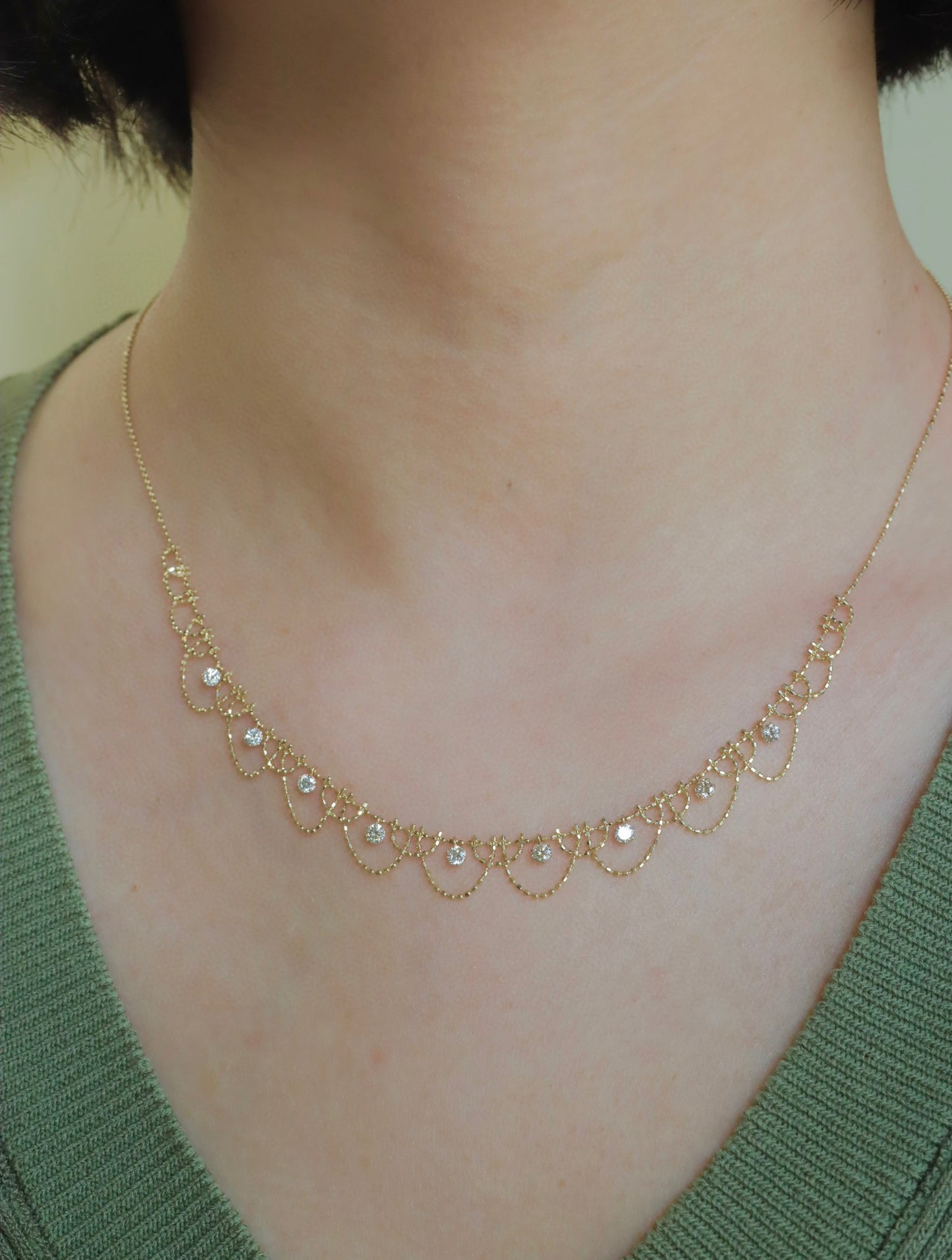 Vintage 18K Solid Gold Diamond Lace Necklace , wedding necklace