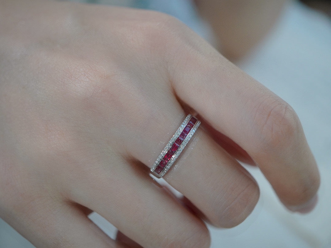 Vintage 18K Solid Gold Ruby Diamond Band, half eternity band