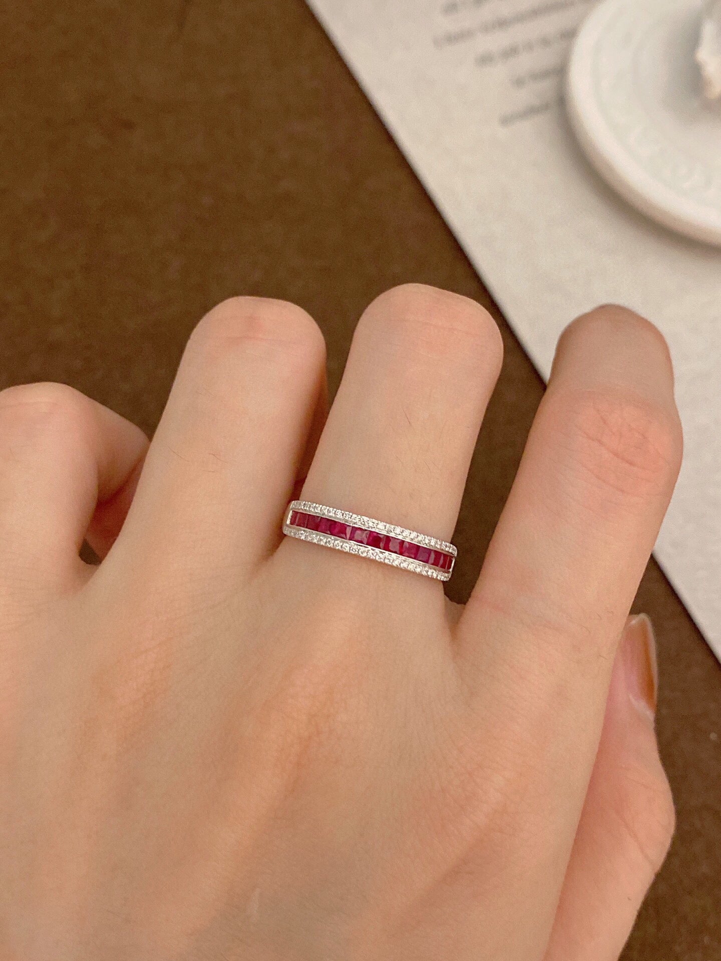 Vintage 18K Solid Gold Ruby Diamond Band, half eternity band