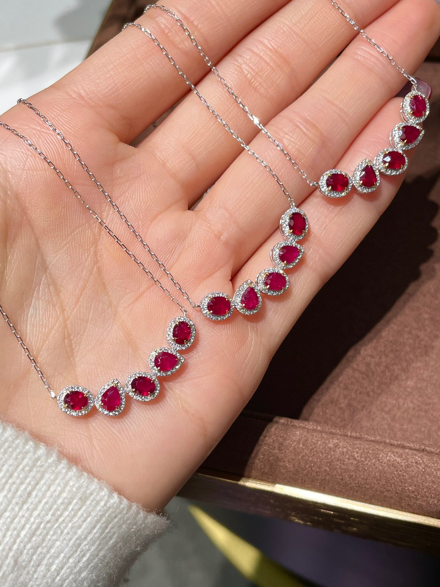 Vintage 18K Solid Gold Ruby Diamond Necklace