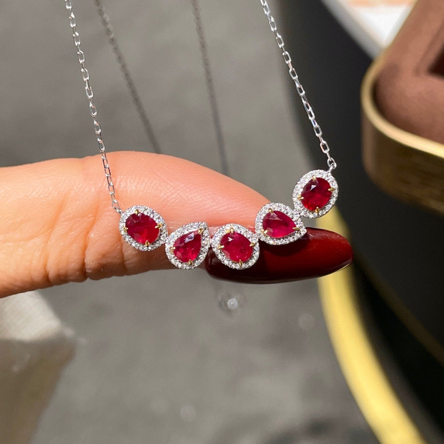 Vintage 18K Solid Gold Ruby Diamond Necklace