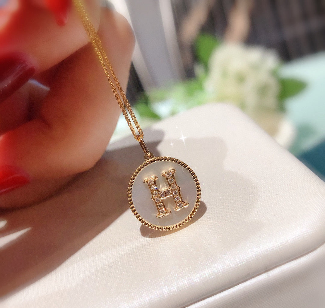 Vintage 18K Solid Gold Diamond 24 Letters Pendant Necklace