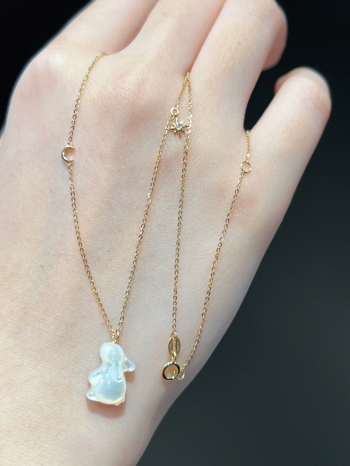 18K Solid Gold Mother of Pearl Rabbit Pendant Necklace