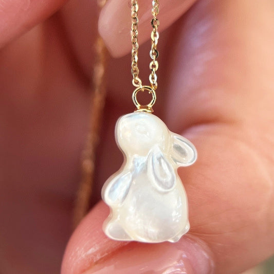 18K Solid Gold Mother of Pearl Rabbit Pendant Necklace