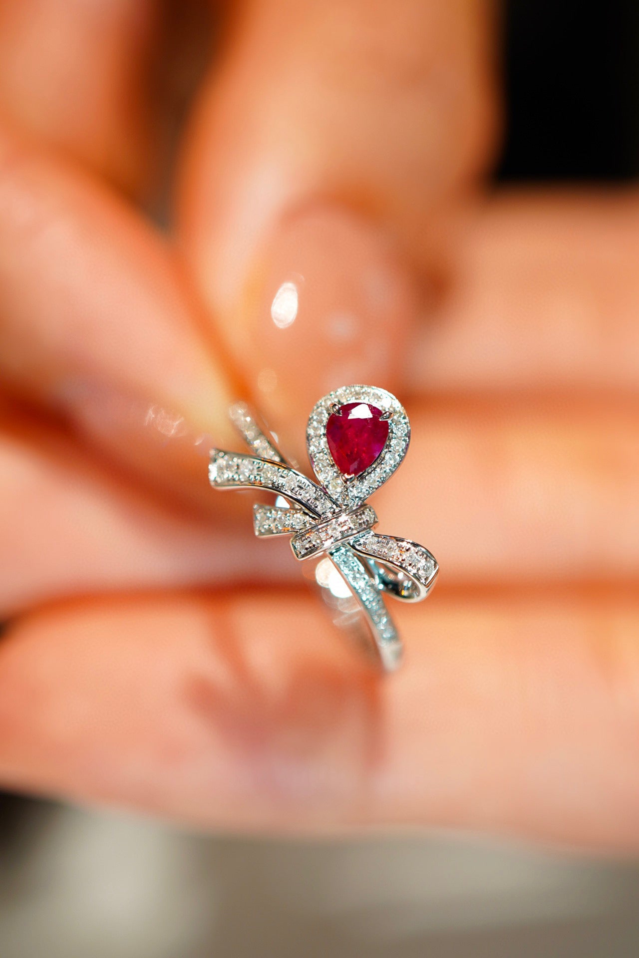 Sweet Bow Ruby Diamond Ring, 18K Solid Gold Ruby Diamond Ring