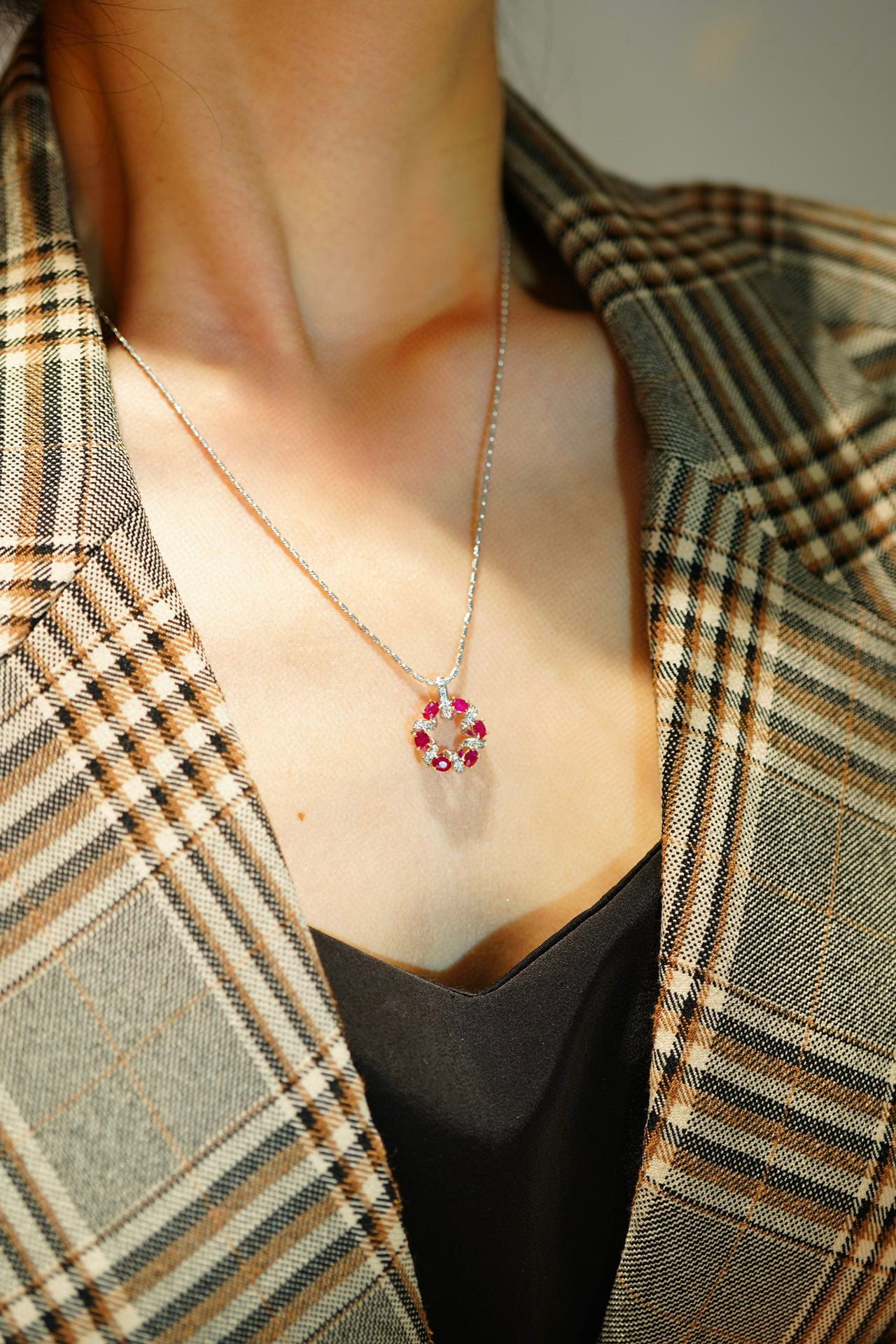 Vintage 18K Solid Gold Ruby Diamond Pendant , Ruby Flower pendant