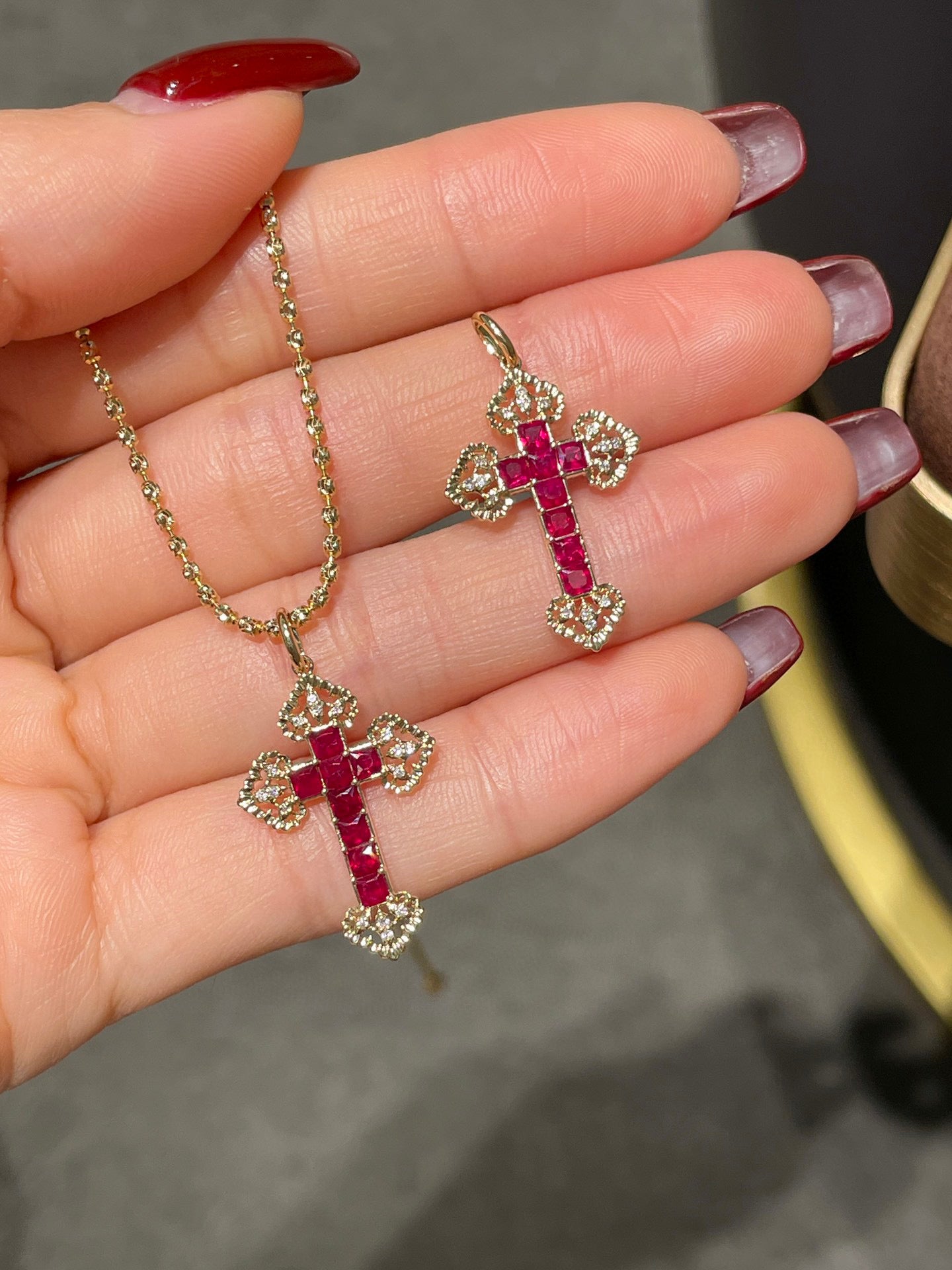 Vintage 18K Solid Gold Ruby Diamond Cross Pendant