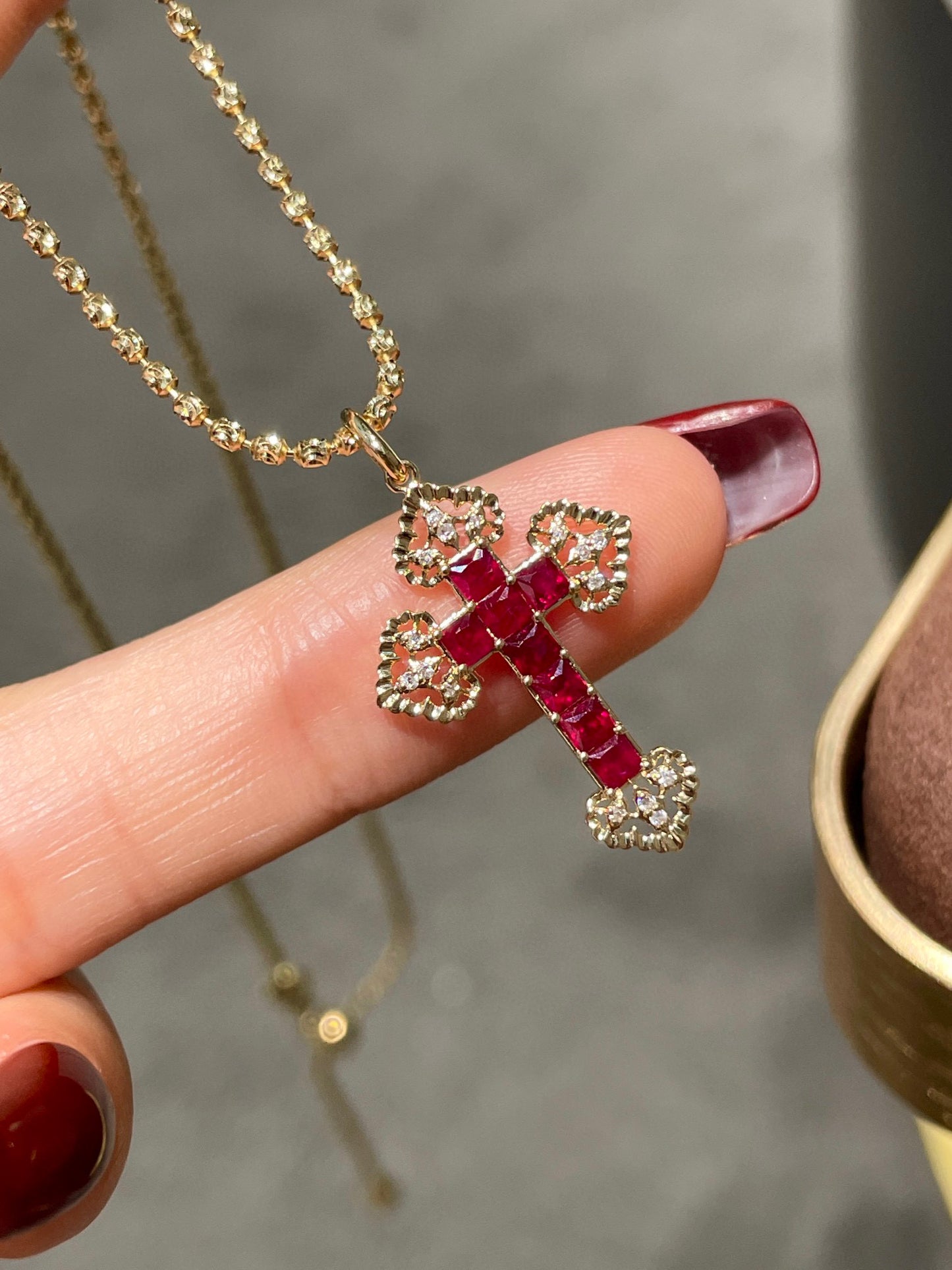 Vintage 18K Solid Gold Ruby Diamond Cross Pendant