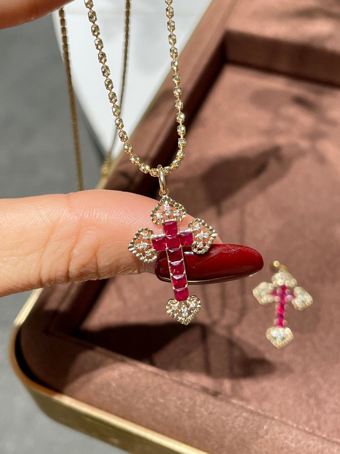 Vintage 18K Solid Gold Ruby Diamond Cross Pendant