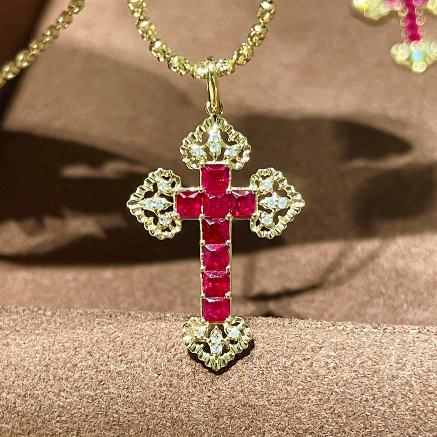 Vintage 18K Solid Gold Ruby Diamond Cross Pendant