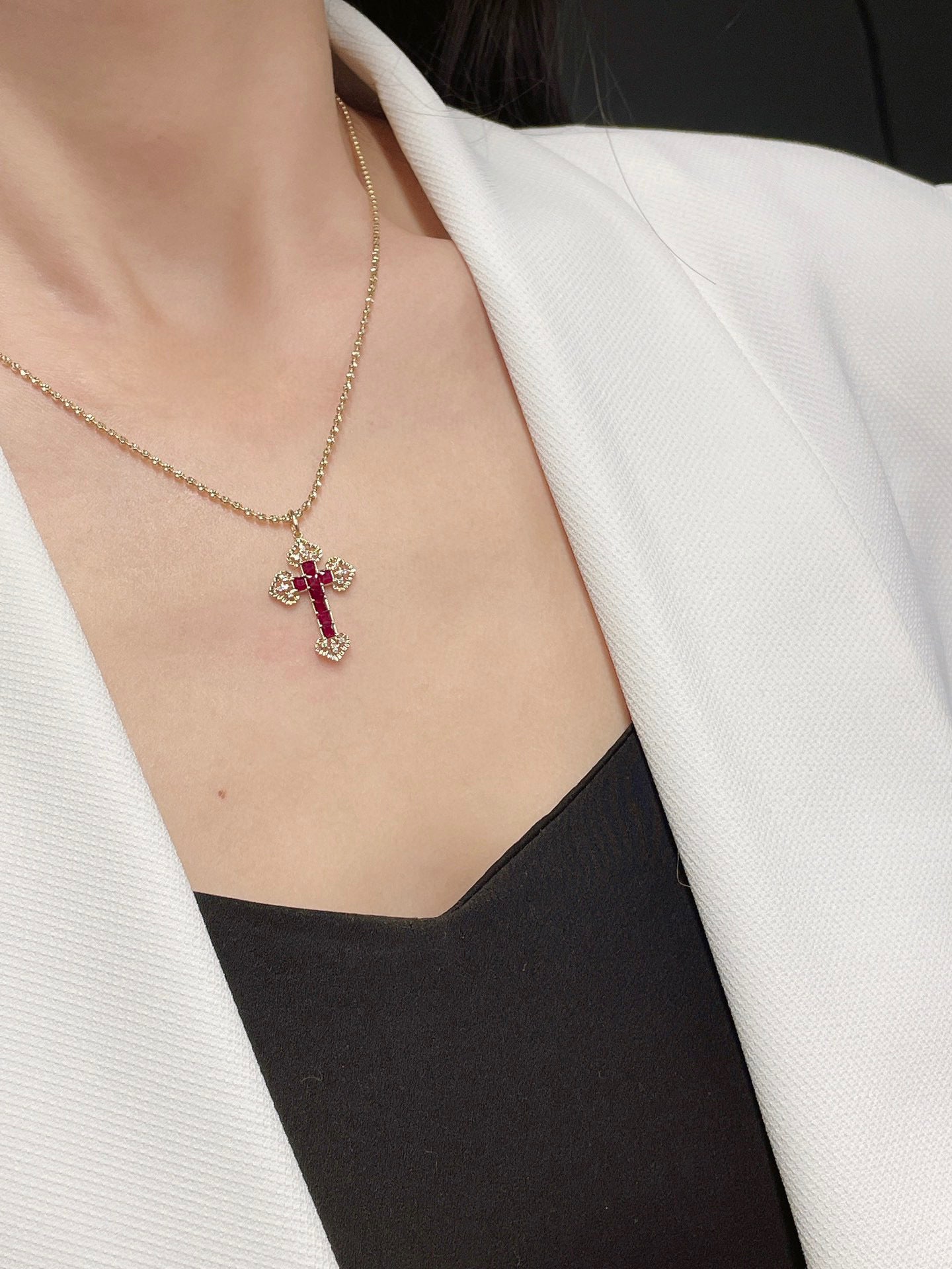 Vintage 18K Solid Gold Ruby Diamond Cross Pendant