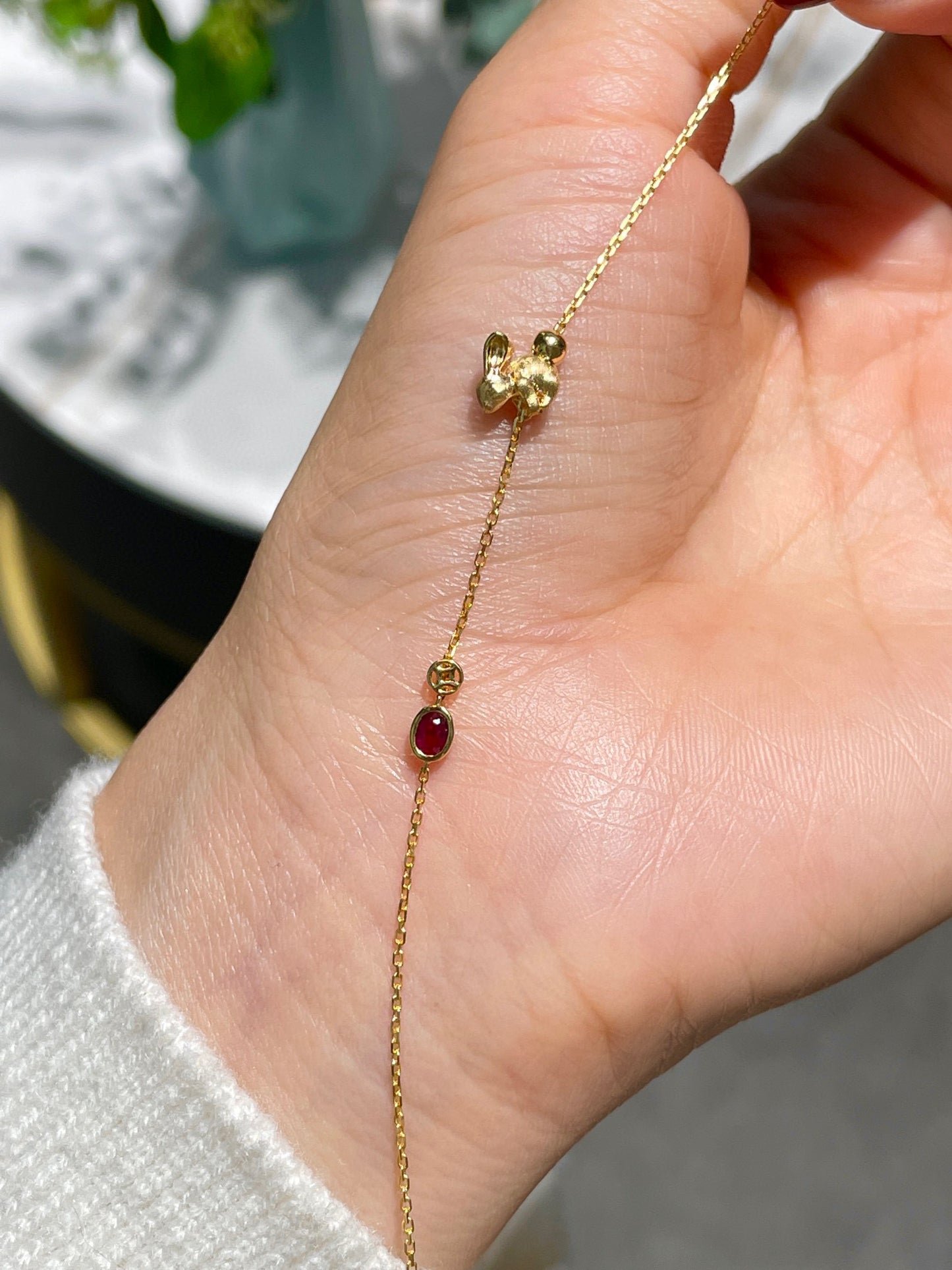 18K Solid Gold Ruby Rabbit Bracelet