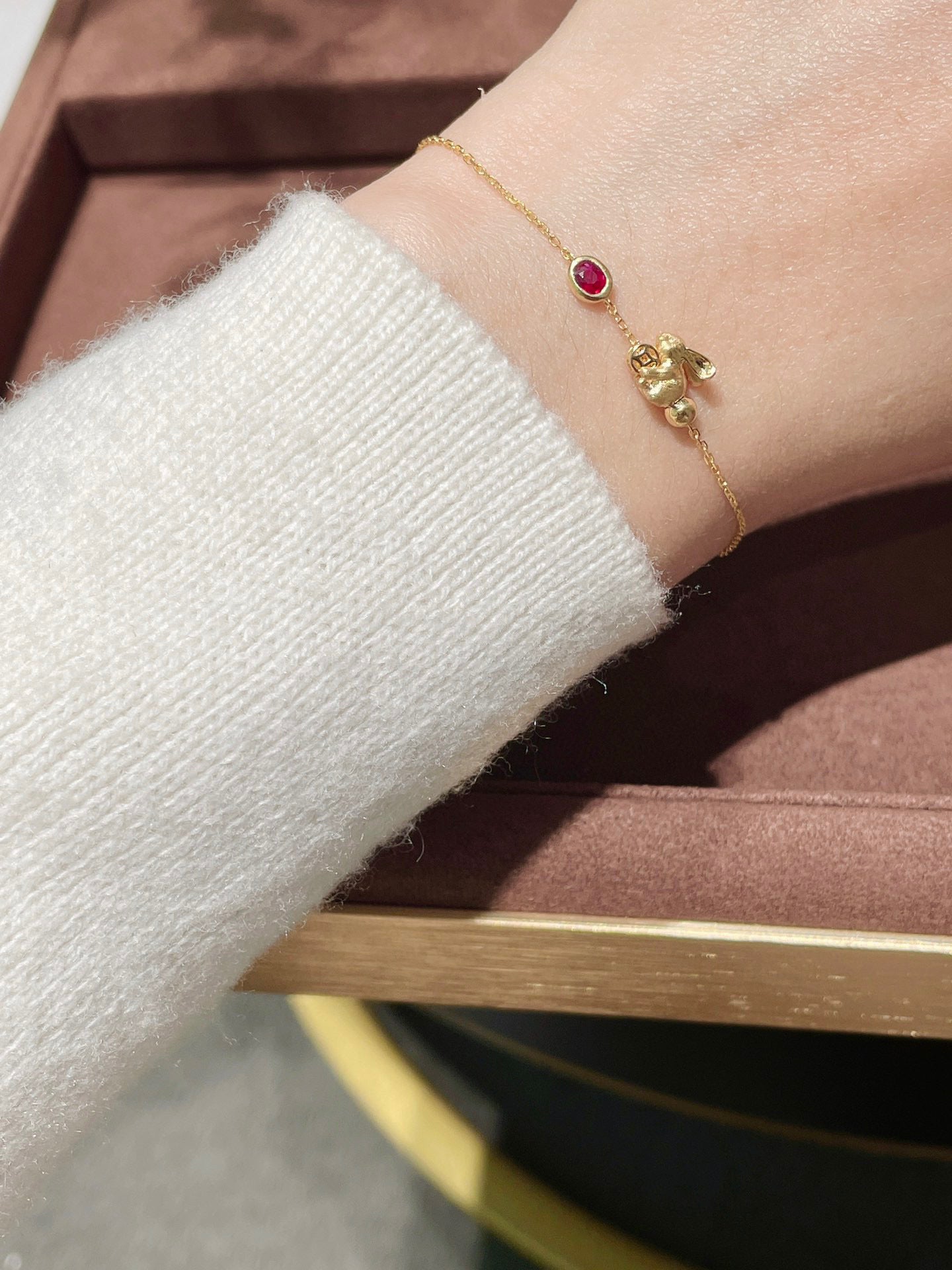 18K Solid Gold Ruby Rabbit Bracelet