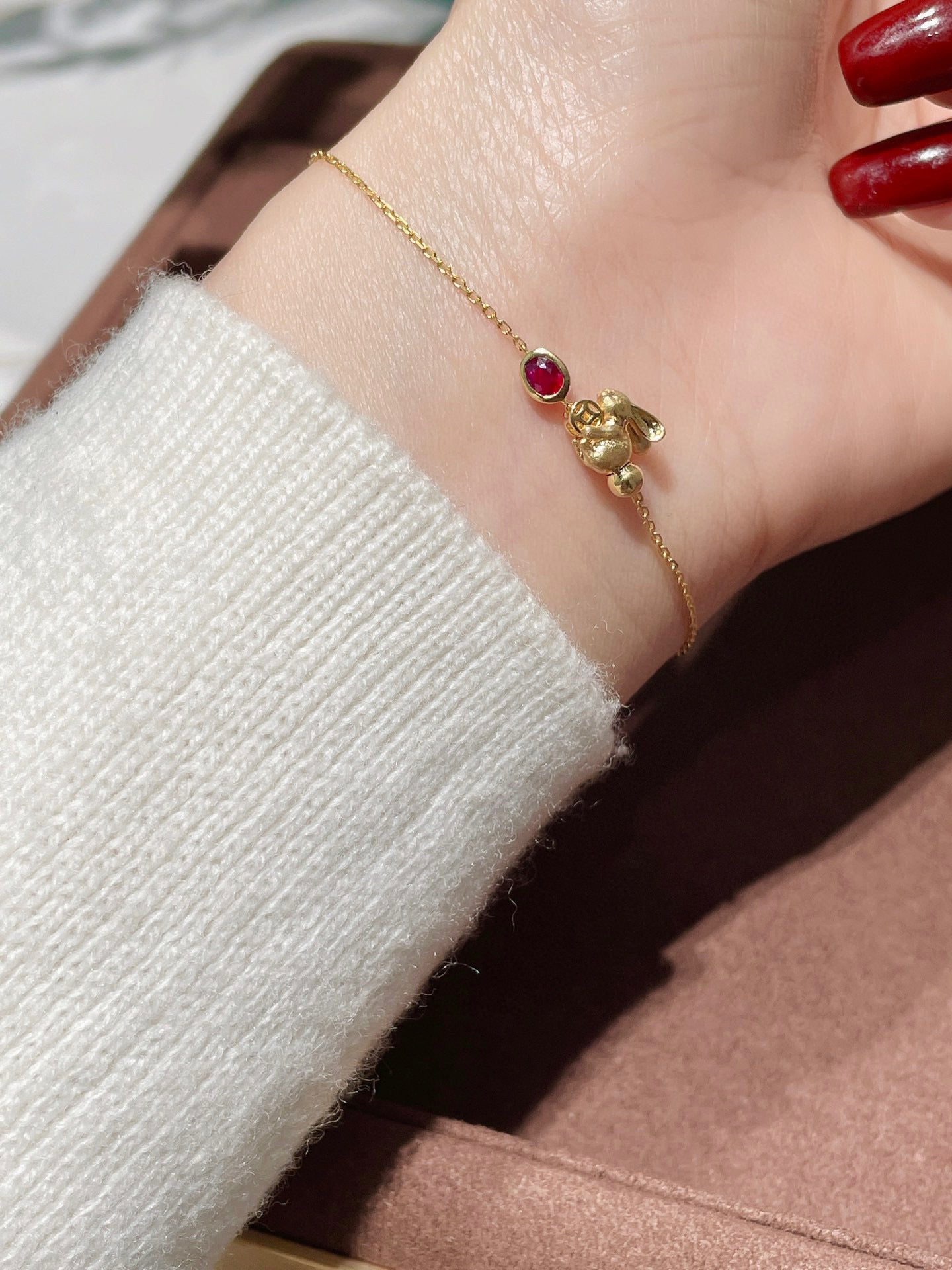 18K Solid Gold Ruby Rabbit Bracelet