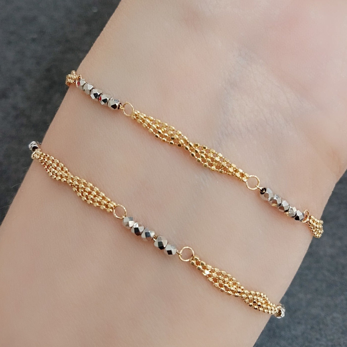 Art Deco Bead Chain Bracelet/18K Solid Yellow gold and White Gold Bead bracelet