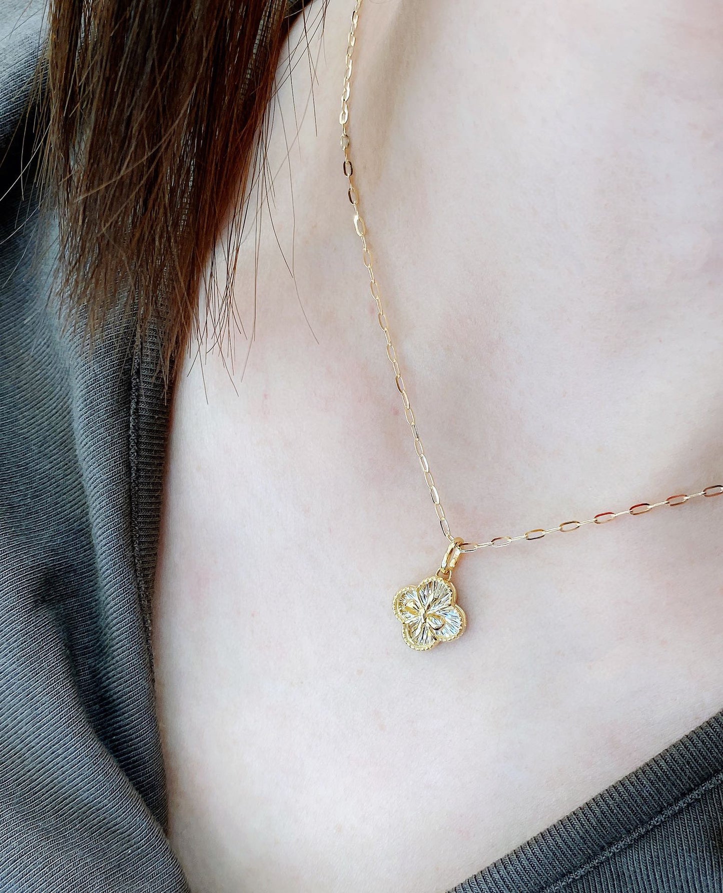 Lucky Four Leaf Flower Pendant/18K Solid Gold Clover Pendant/Real Gold Pendant