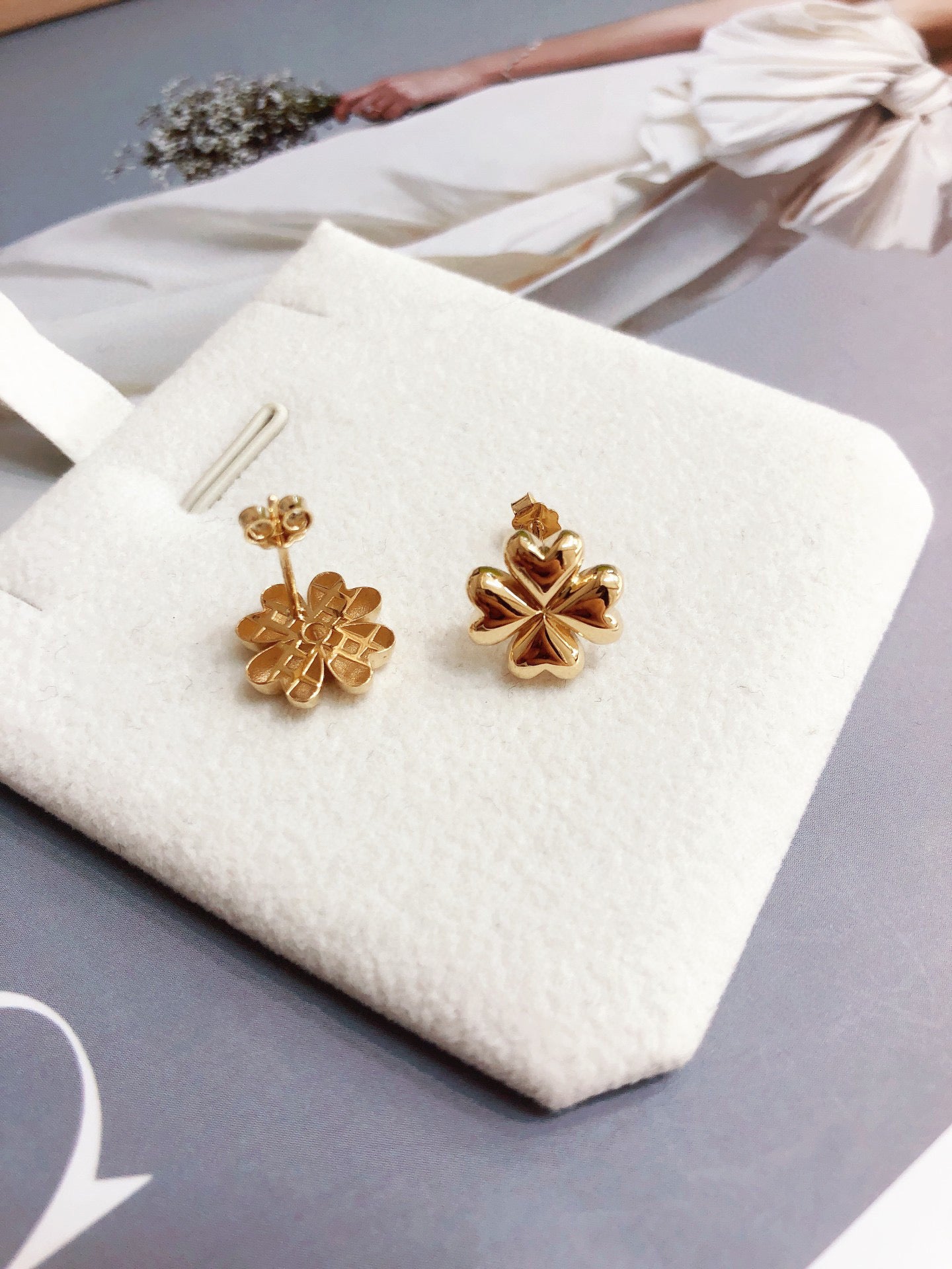 K Gold Four Leaf Flower Stud Earring/18K Solid Gold Clover Stud Earring