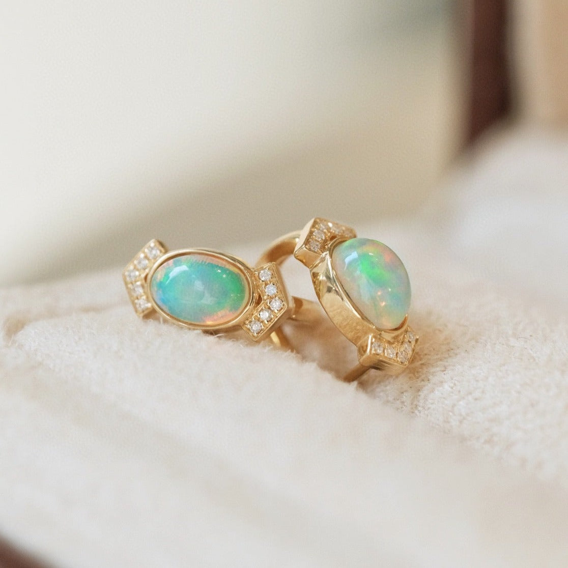 Vintage 18K Solid Gold Opal Diamond Earrings