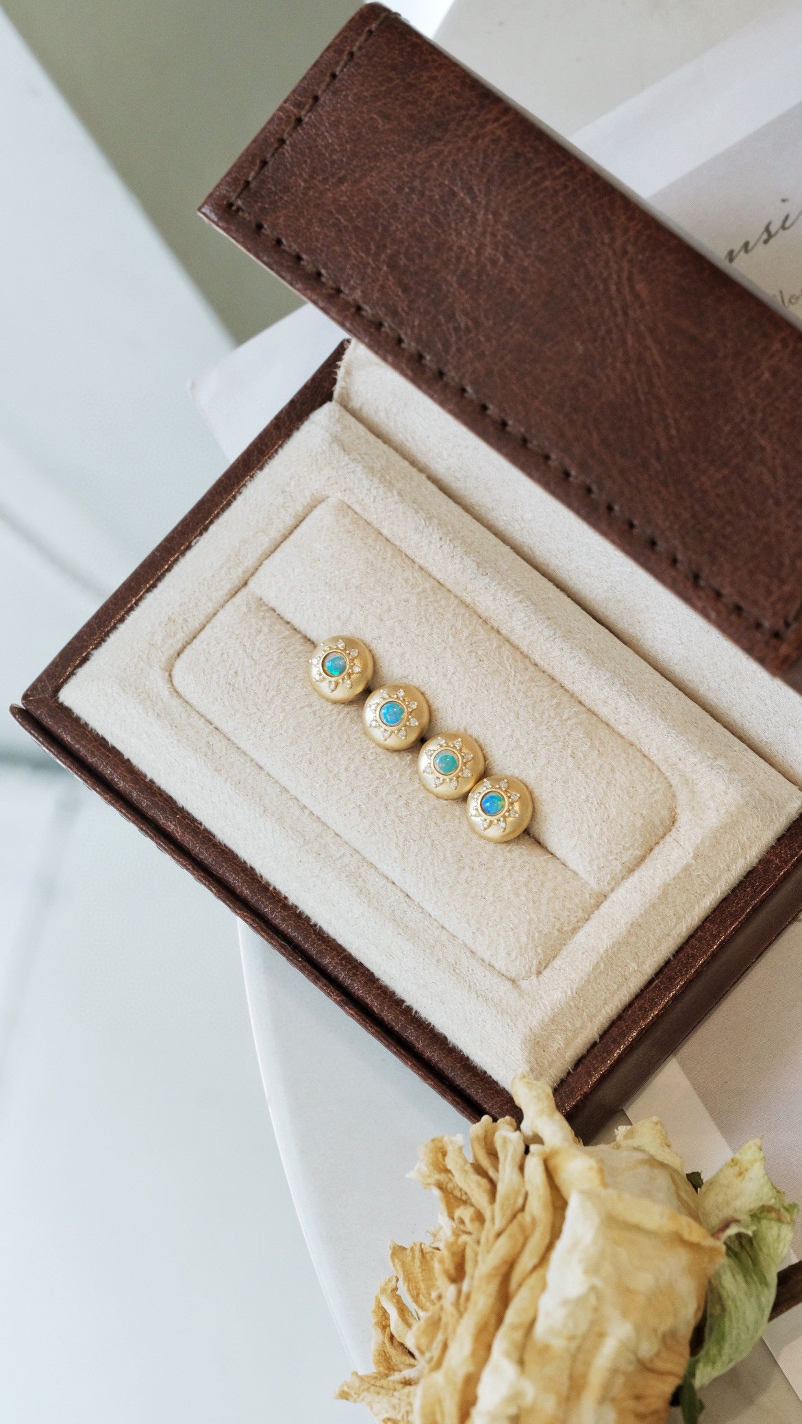 Art Deco 18K Solid Gold Opal Diamond Stud Earrings