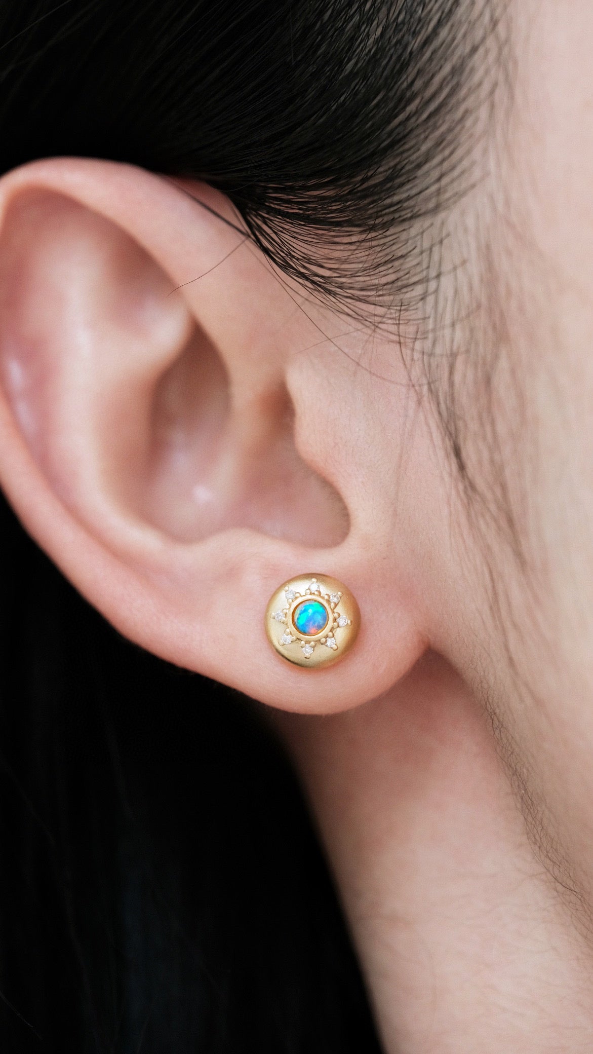 Art Deco 18K Solid Gold Opal Diamond Stud Earrings