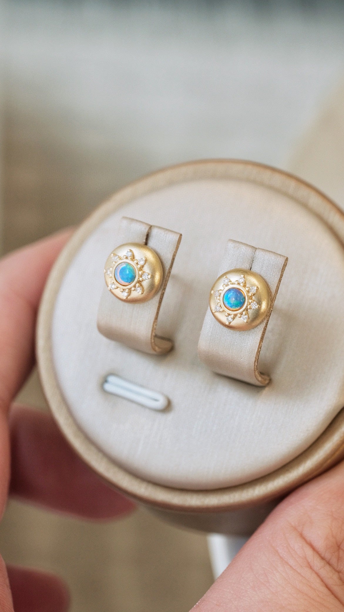 Art Deco 18K Solid Gold Opal Diamond Stud Earrings