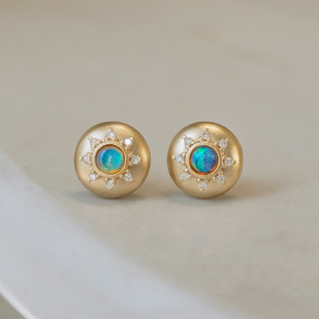 Art Deco 18K Solid Gold Opal Diamond Stud Earrings