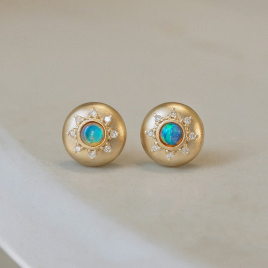 Art Deco 18K Solid Gold Opal Diamond Stud Earrings