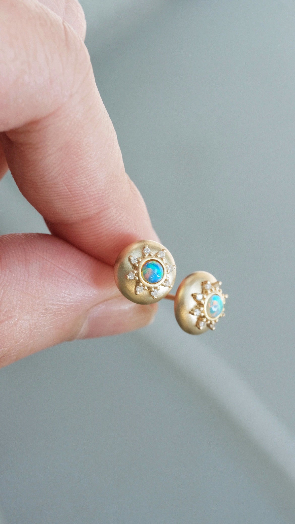 Art Deco 18K Solid Gold Opal Diamond Stud Earrings