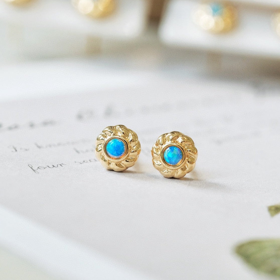 Vintage 18K Solid Gold Opal Stud Earrings