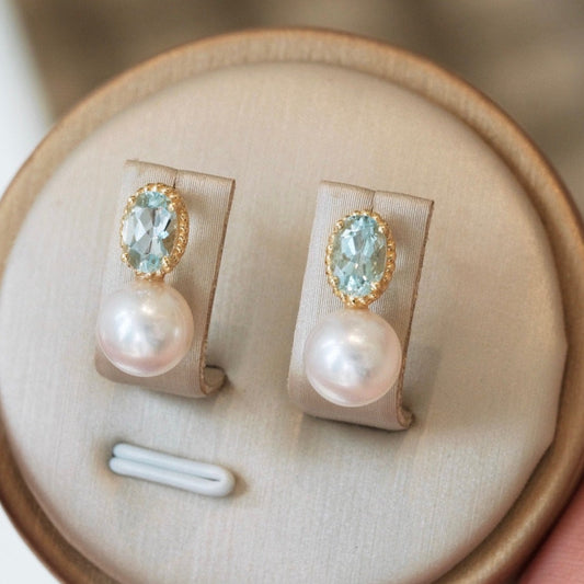 Vintage 18K Solid Gold Aquamarine with Akoya pearl Earrings