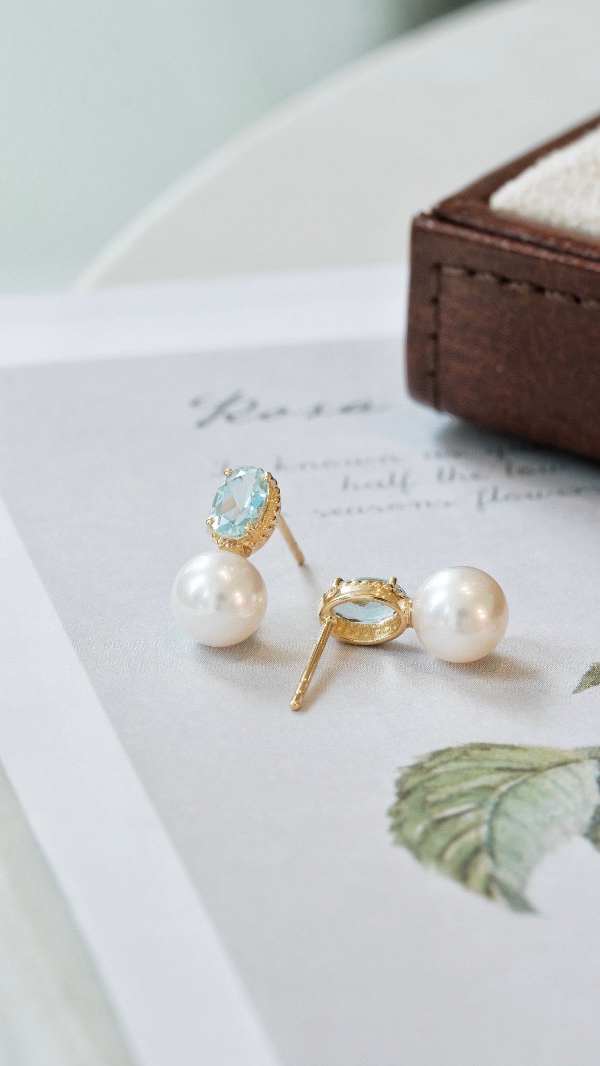 Vintage 18K Solid Gold Aquamarine with Akoya pearl Earrings