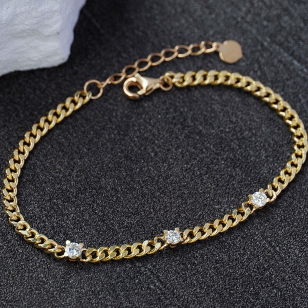 Vintage 18K Solid Gold Cuban Three Diamonds Bracelet