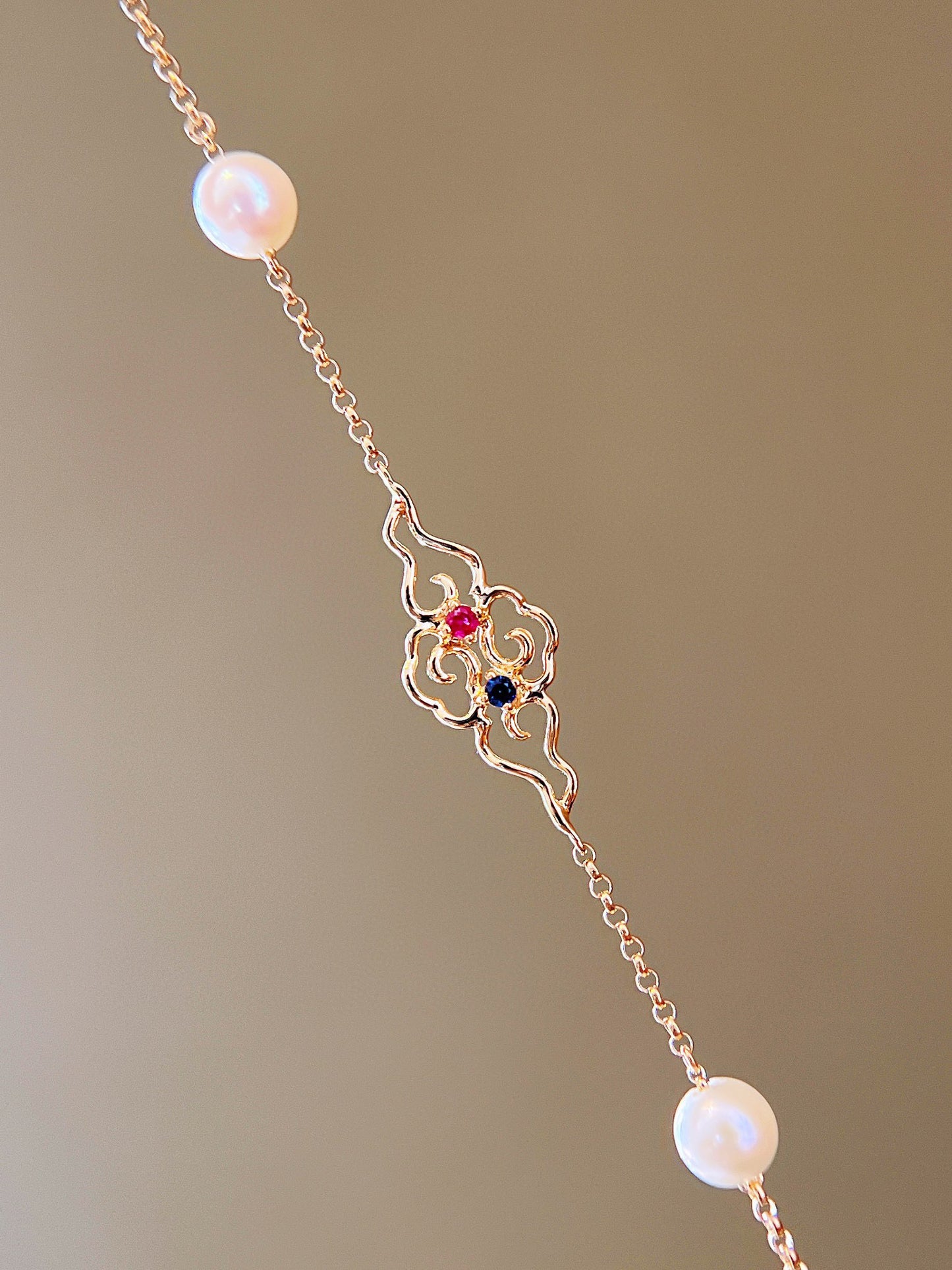 Art Deco 18K Solid Gold Ruby Sapphire Pearl Bracelet