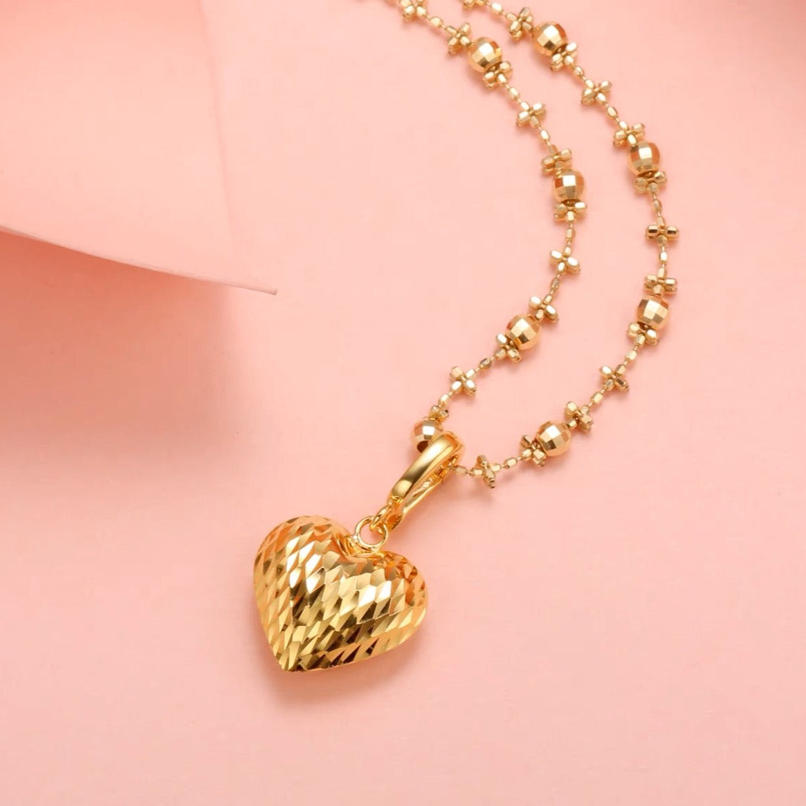 Faceted Puffy Heart Pendant/Art Deco Heart 18K Solid gold pendant