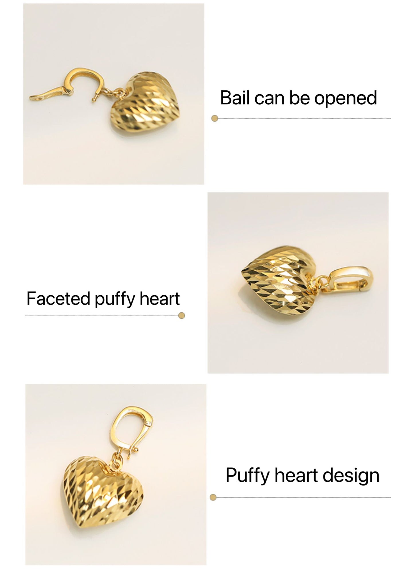 Faceted Puffy Heart Pendant/Art Deco Heart 18K Solid gold pendant