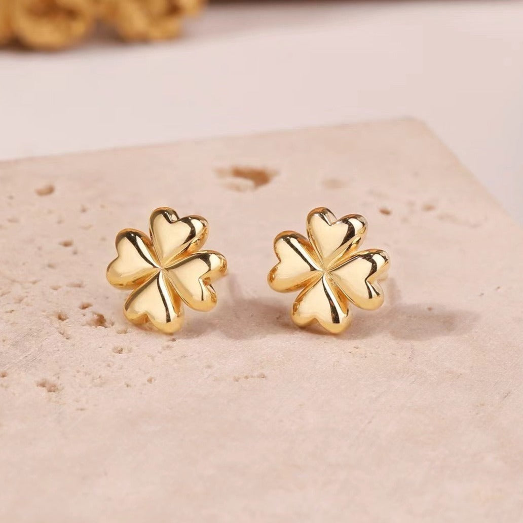 K Gold Four Leaf Flower Stud Earring/18K Solid Gold Clover Stud Earring