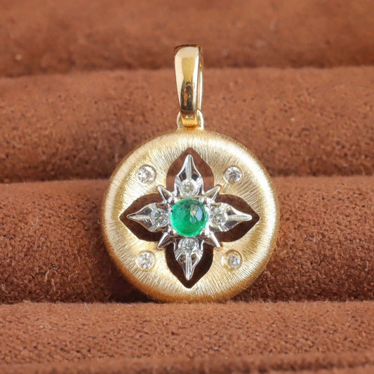 18K Solid Gold Emerald Diamond Clover Pendant Necklace