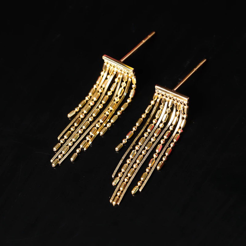 18K solid gold chandelier stud earrings/yellow gold tassel stud earrings/gold multi chain drop earrings/gift for her