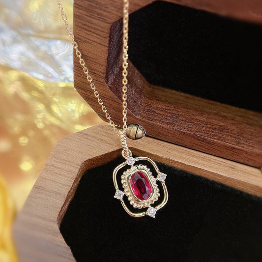 Vintage 18K Solid Gold Ruby Diamond Pendant Necklace