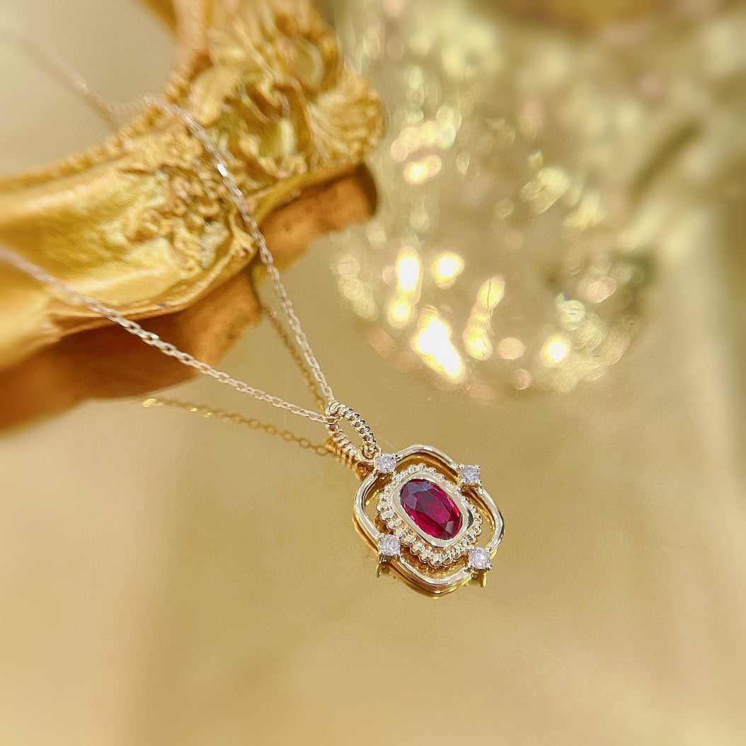 Vintage 18K Solid Gold Ruby Diamond Pendant Necklace