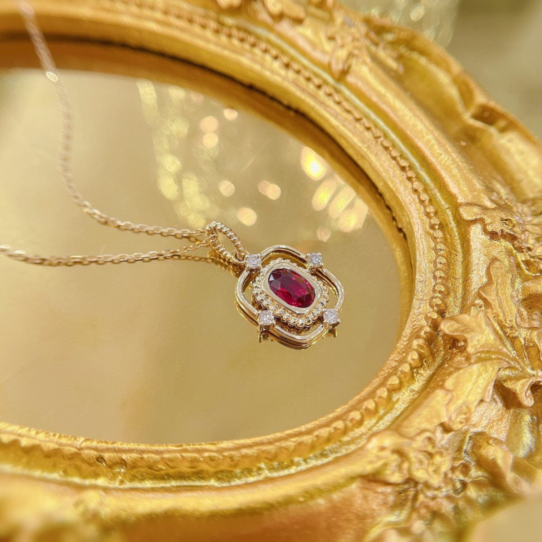 Vintage 18K Solid Gold Ruby Diamond Pendant Necklace