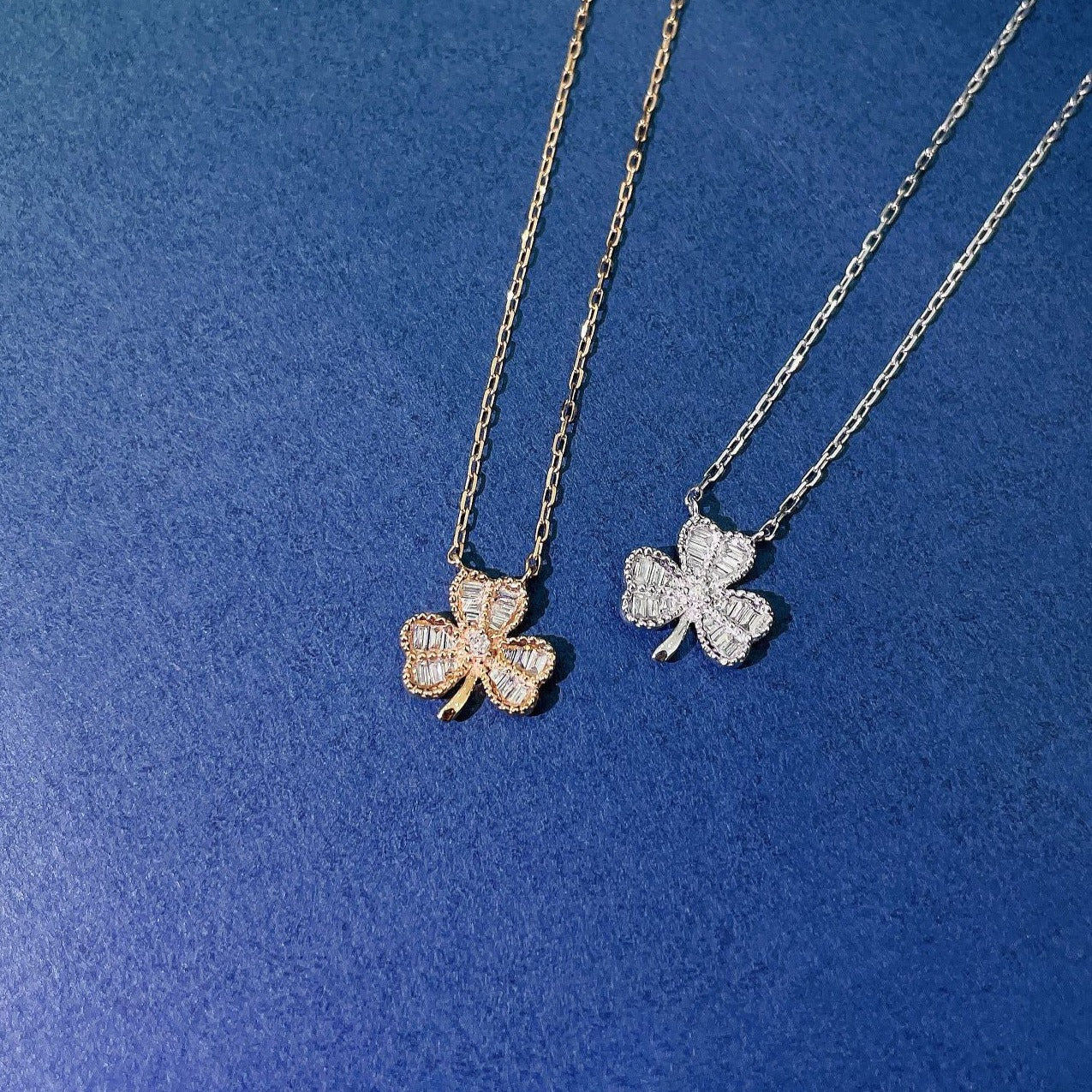 Vintage 18K Solid Gold Full Diamond Three Leaf Clover Pendant Necklace