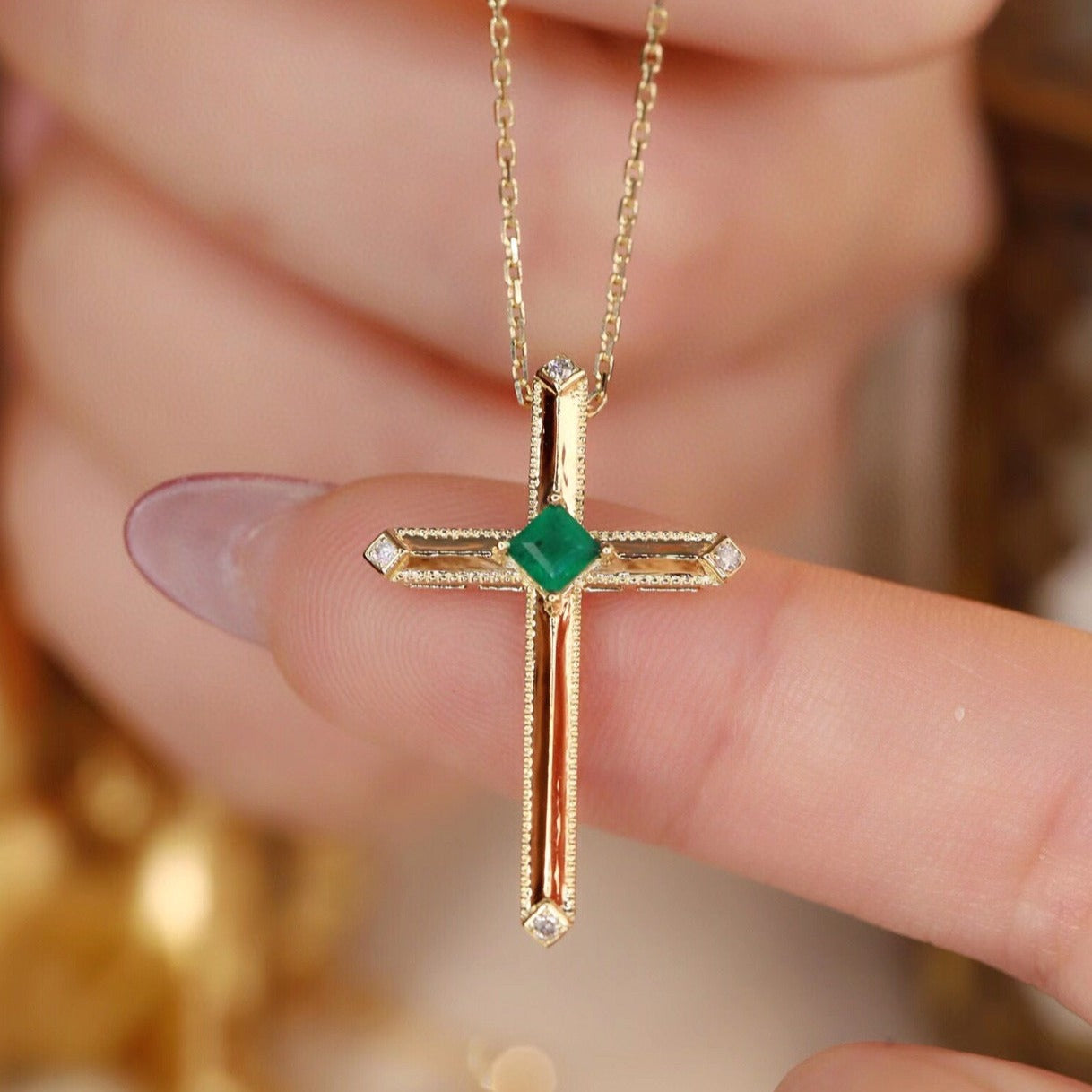 Art Deco 18K Solid Gold Emerald Diamond Cross Pendant Necklace/18K solid gold Cross Pendant/Wedding,Anniversary necklace/gift for her