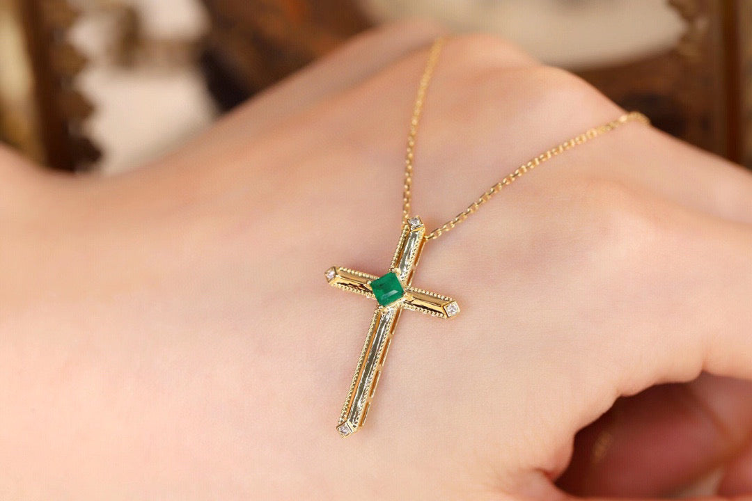 Art Deco 18K Solid Gold Emerald Diamond Cross Pendant Necklace/18K solid gold Cross Pendant/Wedding,Anniversary necklace/gift for her