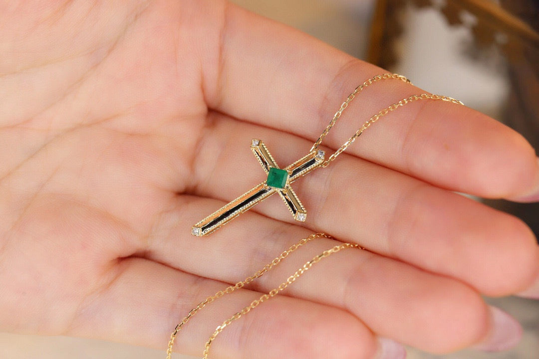 Art Deco 18K Solid Gold Emerald Diamond Cross Pendant Necklace/18K solid gold Cross Pendant/Wedding,Anniversary necklace/gift for her