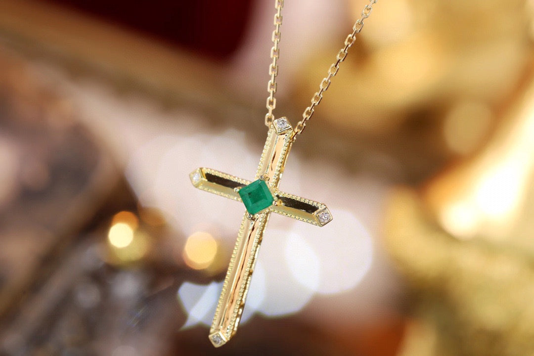 Art Deco 18K Solid Gold Emerald Diamond Cross Pendant Necklace/18K solid gold Cross Pendant/Wedding,Anniversary necklace/gift for her