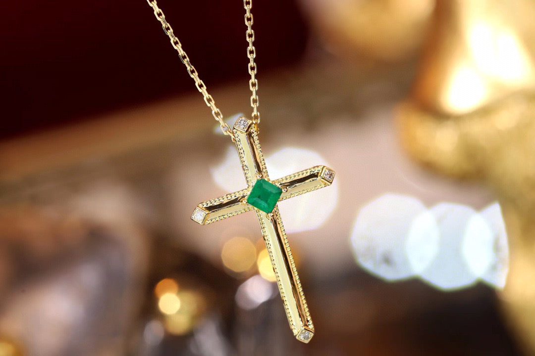 Art Deco 18K Solid Gold Emerald Diamond Cross Pendant Necklace/18K solid gold Cross Pendant/Wedding,Anniversary necklace/gift for her